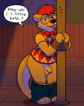 4:5 absurd_res aka_the_otter anthro argyle_(pattern) argyle_clothing argyle_topwear argyle_vest arms_tied balls blue_eyes blush blush_lines bondage bottomwear bottomwear_down bound bow_tie building clothed clothing cute_fangs denim denim_bottomwear denim_clothing dialogue embarrassed english_text exhibitionism eyewear fangs fence foreskin fur genitals glasses hair hi_res humanoid_genitalia humanoid_penis jeans looking_at_viewer male male_only mammal multicolored_body multicolored_fur mustelid nimbsea otter outside pants pants_around_ankles pants_down partially_clothed pattern_clothing pattern_topwear pattern_vest penis plant red_bow_tie red_hair restraints road rope rope_bondage round_glasses shaking shirt sidewalk solo street street_lamp sweater sweater_vest tan_body tan_fur tapering_tail teeth text topwear tree tremble_lines trembling two-tone_body two-tone_fur uncircumcised underwear underwear_down vest wearing_glasses white_body white_clothing white_fur white_shirt white_topwear white_underwear