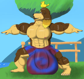 alythewolfcat animal_crossing anthro big_bulge big_pecs bird_on_head bulge canid canine canis clothing detailed_bulge domestic_dog genital_outline harvey_(animal_crossing) hi_res huge_bulge hyper hyper_bulge male muscular muscular_male nintendo pecs penis penis_outline seaside solo solo_male swimming_trunks swimwear tie-dye yoga