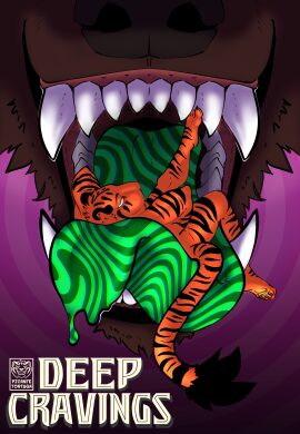 abstract_background absurd_res anthro bodily_fluids canid canine canis comic cover cover_art cover_page darius_(picantetortuga) digital_media_(artwork) drooling drooling_tongue duo english_text felid fur hair hi_res juno_(picantetortuga) looking_at_viewer male male/male mammal mawplay mouth_shot mythological_canine mythological_creature mythology open_mouth oral_vore pantherine picantetortuga psychedelic saliva simple_background size_difference smile spiral spiral_background tail teeth text tiger tongue tongue_out vore werecanid werecanine werecreature wolf
