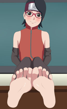1girls barefoot black_eyes black_hair blush boruto:_naruto_next_generations clothing desk feet female female_focus female_only foot_fetish foot_focus glasses indoors kunoichi looking_at_viewer naruto naruto_(series) ninja presenting_feet rantuahelax sarada_uchiha short_hair sitting smile soles solo teenage_female toes young younger_female