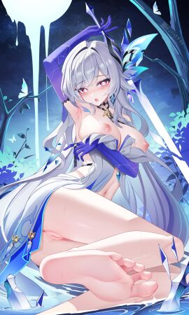 absurdres anus arm_under_breasts armpits ass barefoot blush breasts censored dress feet female genshin_impact gloves gradient_gloves gradient_thighhighs highres holding holding_sword holding_weapon jndfh large_breasts long_hair looking_at_viewer mosaic_censoring navel night night_sky nipples no_shoes parted_lips purple_gloves pussy sitting skirk_(genshin_impact) sky soles solo stomach sword toes weapon white_dress white_hair yokozuwari