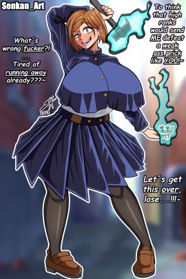 1girls asian asian_female ass big_ass big_breasts black_socks blushing bob_cut breasts brown_eyes brown_hair busty female female_humiliation female_only imminent_rape imminent_sex jujutsu_kaisen kugisaki_nobara one_eye_closed open_mouth poll_winner senkan_art skirt smile smiling smiling_at_viewer teenager thick_thighs