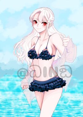 1girls artist_name artist_signature bare_shoulders beach bikini breasts collarbone female female_only jaki lhms long_hair looking_at_viewer medium_breasts outdoors red_eyes rose_(lhms) shirt skirt smile smiling smiling_at_viewer solo solo_female swimwear thighs transparent_clothing walking white_hair white_skin