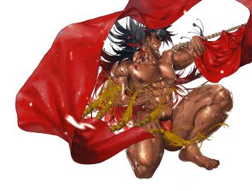 1boy abs armpit_hair bara beard_stubble beefy big_areola big_breasts black_hair blank_background blue_eyes breasts carrying_object dark_male_only dark_skin earrings erect_nipples feet flowing_hair g-string grin hi_res kneeling leg_hair long_hair male male_only multicolored_hair muscles muscular muscular_arms muscular_legs muscular_male muscular_thighs nipples original original_character pecs pole ponytail pubic_hair red_cloth red_hair ribbon scar scar_on_arm scar_on_chest scar_on_face scar_on_neck scar_on_nose scar_on_stomach scar_on_thigh scars_all_over shina_(mjaldrarland) simple_background six_pack sparkles sweat sweatdrop tassel thick_eyebrows thick_neck thick_thighs thong toes underwear_only veiny_arms veiny_belly veiny_legs veiny_muscles white_background yaoi