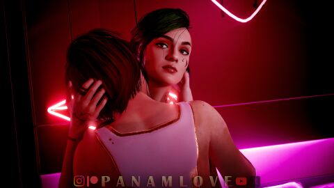 2girls 3d cyberpunk cyberpunk_(series) cyberpunk_2077 female female_only judy_alvarez kissing_neck lesbian_sex panamlove valerie_(cyberpunk_2077)