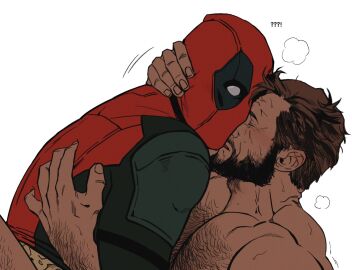 !? 2boys bara beard blush bodysuit bonjourdraws brown_hair chest_hair closed_eyes clothed_male_nude_male couple deadpool deadpool_&_wolverine_(2024) facial_hair full-face_blush gay gloves hairy hand_hair hand_on_another's_back hand_on_another's_neck heavy_breathing implied_sex large_pectorals leg_hair male male_focus male_only marvel marvel_cinematic_universe marvel_comics mask mature_male motion_lines multiple_boys multiple_males muscular muscular_male nude open_mouth pectorals red_bodysuit red_mask safe_for_work superhero_costume surprised sweat veins wolverine_(x-men) x-men yaoi