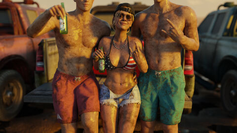 1girls 2boys 3d alcohol american_flag_bikini aviator_sunglasses backwards_baseball_cap baseball_cap beer big_breasts bikini blender blonde_hair bottle breasts denim denim_shorts drink eyeless_male female grand_theft_auto grand_theft_auto_vi hi_res holding_drink holding_object looking_at_viewer looking_pleasured male mud_girl_(gta_vi) navel necklace pose posing quick_e short_hair smile sunglasses swimming_trunks swimwear tinted_eyewear