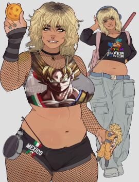 1girls action_figure alt_girl arm_warmers baggy_clothing belly big_breasts blonde_hair booty_shorts breasts chubby chubby_belly chubby_female crop_top crossover dragon_ball dragon_ball_super dragon_ball_z dyed_hair ear_piercing earrings female female_only fishnets fully_clothed girl_who_is_obsessed_with goku golden_eyes latina mexican mexican_female mexican_flag nose_piercing original original_character potara_earrings slightly_chubby solo solo_female son_goku streetwear tagme tank_top thick_thighs thong tight_shorts wide_hips wolf_cut yoracrab