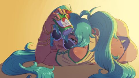 2d ass athletic athletic_female blue_eyes bracelet brazil brazilian brazilian_female brazilian_miku bubble_ass bubble_butt can crop_top female female_focus female_only h-picaso hatsune_miku long_hair looking_at_viewer lying lying_on_ground makeup nail_polish pinup pinup_pose pose posing t-shirt tagme tan tan_body tan_skin thong thong_bikini turquoise_hair twintails vocaloid wide_hips