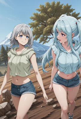 2girls ai_generated best_friends elves hiking kage_no_jitsuryokusha_ni_naritakute! libido_amp_(artist) mountain not_porn yuri