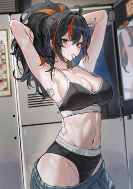 1girls absurdres armpits arms_up black_bra black_hair black_panties blush bra breasts cleavage closed_mouth collarbone commentary female hair_between_eyes hair_tie_in_mouth highres indoors large_breasts locker looking_at_viewer maanu mirror mouth_hold multicolored_hair navel panties red_eyes red_hair solo stomach streaked_hair symbol-only_commentary tying_hair underwear zenless_zone_zero zhu_yuan