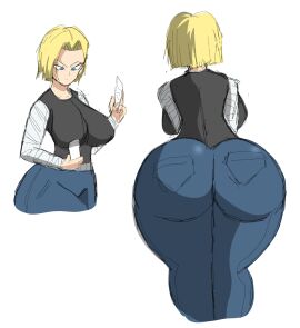 1girls android_18 ass ass_focus back_view big_ass big_breasts big_butt blonde_hair blue_eyes bottom_heavy breasts clothed clothing comic dragon_ball dragon_ball_z female female_focus holding_object holding_paper jeans looking_down paper solo zdaddyecchi