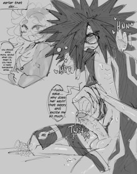 annie_(splatoon) blush comic_panel creepgrub erect_penis male needy partially_clothed penile_spines penis precum spiked_penis spiky_penis spyke_(splatoon)