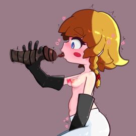 1boy 1girls 2d artist_request bar_censor black_gloves blonde_hair blue_eyes blush bow braid breasts brown_background censored commentary_request cookie_(touhou) cowboy_shot dark-skinned_male dark_skin elbow_gloves fellatio female glansjob gloved_handjob gloves hairbow handjob heart highres implied_masturbation licking licking_penis licking_tip licking_urethra looking_at_penis male marisa_kirisame meguru_(cookie) navel nipples open_mouth oral pantyhose penis short_hair side_braid simple_background single_braid small_breasts solo_focus thick_eyebrows topless topless_female touhou white_pantyhose