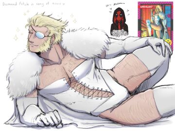 2boys baimonbluewhale blonde_hair bulge chest_hair corset cosplay cross-laced_clothes deadpool emma_frost_(cosplay) english_text eyepatch facial_hair flaccid fur_cape gay hairy heart hood_up leg_hair male male_only marvel marvel_comics patch_(wolverine) penis revealing_clothes smile thigh_boots white_boots wolverine_(x-men) x-men yaoi