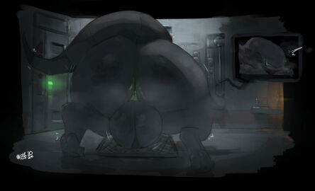 2024 alien alien_(franchise) anus ass backsack balls ballsack big_ass big_balls big_butt black_body dreamywolfdd genitals hi_res huge_ass huge_balls huge_butt male male_only male_xenomorph musky_butt pawpads paws solo stuck tail through_wall vent xenomorph