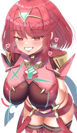 arms_behind_back bent_over blush breasts chest_jewel core_crystal cowboy_shot female heart highres large_breasts looking_at_viewer meipasuye parted_lips pyra red_eyes red_hair red_shorts shorts simple_background solo tiara white_background xenoblade_(series) xenoblade_chronicles_2