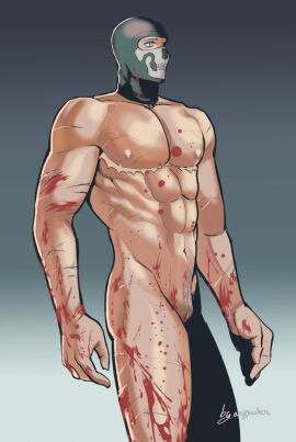 areyouhun balaclava biceps blood_on_face blood_splatter blood_stain blue_eyes call_of_duty call_of_duty_modern_warfare_2_(2022) cuntboy cuntboy_focus cuntboy_only fully_naked fully_nude intersex light_skin male mastectomy_scar muscles muscular muscular_male pinup pussy pussy_out scars simon_riley six_pack solo_cuntboy solo_male trans_man transgender_man transman transmasc