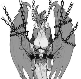 4_toes after_sex anthro areola armor arms_tied big_breasts bodily_fluids bound breasts chained chains cum cum_in_pussy cum_inside cum_on_tail dragon feet female genital_fluids genitals hair headgear headgear_only helmet helmet_only legs_tied long_tongue membrane_(anatomy) membranous_wings monochrome mythological_creature mythological_scalie mythology nipple_piercing nipples non-mammal_breasts non-mammal_nipples nude piercing pussy restraints scalie simple_background solo tail teeth toes tongue tongue_out unknown_artist white_background wings