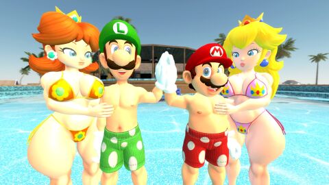 2boys 2girls 3d alternate_version_available bikini blonde_hair blue_eye breasts brown_hair clothing crown ear_piercing facial_hair female ginger_hair gloves green_hat green_shorts hat high_five hourglass_figure human kabalmystic_(style) light-skinned_female light-skinned_male light_skin lipstick long_hair luigi male male_nipples mario mario_(series) moustache nintendo nipples outdoors pool princess princess_daisy princess_peach quartet red_hat red_shorts royalty shoulder_length_hair standing straight super_mario_bros. thhypercombine voluptuous voluptuous_female water white_gloves wide_hips