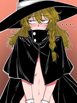 ... belly_button blush breasts covered_breasts female journeyhermitage looking_away marisa_kirisame midriff no_bra no_panties partially_clothed shy touhou voyagehermitage