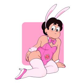 1boy 2d accurate_art_style animal_ears ass big_ass black_eyes black_hair blush blush_lines bodysuit bulge bulge_through_clothing bunny bunny_costume bunny_ears bunny_tail bunnysuit chubby chubby_femboy chubby_male cleavage clothed color colored crossdressing cuffs cute dark_brown_hair detached_collar detached_cuffs digital_drawing_(artwork) digital_media_(artwork) earrings femboy fluffy_tail gem gem_(species) high_heels hotfiresu human hybrid leotard male male_only male_playboy_bunny navel_cutout not_ai_generated on_knees painted_nails pink_background pink_bodysuit pink_bowtie pink_bunnysuit pink_leotard pink_nail_polish pink_nails playboy_bunny playboy_bunny_leotard posing self_upload short_hair simple_shading sitting solo steven_quartz_universe steven_universe strapless strapless_leotard tail thighs white_background white_ears white_legwear wrist_cuffs