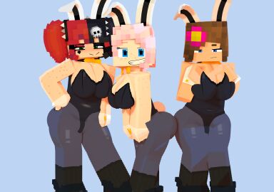 3d 3girls alternate_version_available blue_eyes breasts brown_hair bunny_ears bunnysuit choker cleavage ellie_walls_(odysseyellie) female female_only flower_in_hair freckles goth goth_girl green_eyes headband jenny_belle_(slipperyt) leotard looking_at_viewer makeup mine-imator minecraft minecraft_sluts multicolored_hair odysseyellie pantyhose pink_hair simple_background smiling smiling_at_viewer tagme tattoo zoey_(zoeyistoosmall)