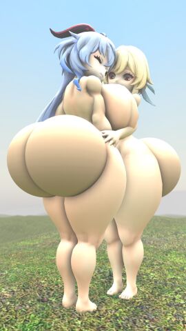 2girls 3d 3d_(artwork) admiration areolae ass barefoot big_breasts blue_hair breasts completely_nude female female_only full_body ganyu_(genshin_impact) genshin_impact huge_ass hyper_ass hyper_breasts long_hair lumine_(genshin_impact) mxp1985 naked naked_female nipples nude nude_female