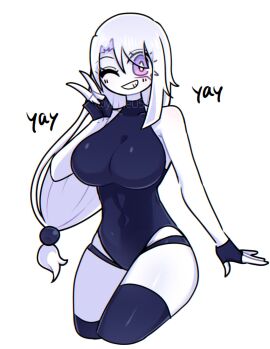 big_breasts breasts colored_sketch cute female fingerless_gloves leotard long_hair no_background original original_character peace_sign pink_eyes sana_(yume0534) smile thick_thighs thighhighs tight_clothing white_body white_hair wink yume0534