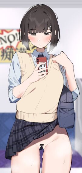 ass_visible_through_thighs bag bar_censor black_hair black_skirt blunt_bangs blush breath cellphone censored commentary_request cowboy_shot female highres hitotachi_(gysx3378) holding holding_phone no_panties original phone plaid_clothes plaid_skirt pleated_skirt school_bag school_uniform shirt short_hair skirt skirt_caught_on_object solo steaming_body sweat sweater_vest train_interior white_shirt yellow_sweater_vest