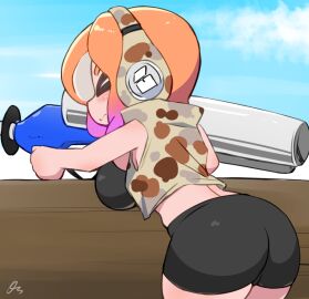 1girls aiming aiming_weapon artist_signature ass ass_focus big_breasts blush booty_shorts breasts cameltoe charger_(splatoon) closed_eyes clouds curly_hair day daytime e-liter female focused headphones holding_weapon jacket light-skinned_female light_skin long_hair makino_nono midriff nintendo octoling octoling_girl oni_wasabi_(makino_nono) orange_hair original original_character shorts sniping solo splatoon splatoon_(series) splatoon_3 splatoon_oc sports_bra sunny tentacle_hair weapon