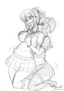 2girls artist_signature bound breast_grab breasts female female_only gagged groping groping_breasts kurono_kurumu licking licking_another licking_neck miniskirt monochrome natsumemetalsonic rosario+vampire school_uniform shuzen_kokoa sketch skirt thighhighs wide_hips yuri