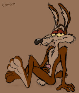 2025 3_toes anthro balls biped canid canine canis chest_tuft cintoon cocky colored coyote erection feet flat_colors foot_focus genitals hand_on_penis hi_res humanoid_genitalia humanoid_penis looking_at_viewer looney_tunes male mammal masturbation narrowed_eyes nude penis seductive simple_background sitting soles solo tail toes tuft two_tone_feet warner_brothers wile_e._coyote