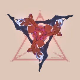 3girls anal artist_name black_thighhighs breasts closed_eyes dark_skin female full_body futanari highres intersex large_breasts leg_grab multiple_females multiple_girls multiple_persona nipple_piercing nude penis piercing sex short_hair symmetry tail tailbox thighhighs triangle white_hair yellow_background