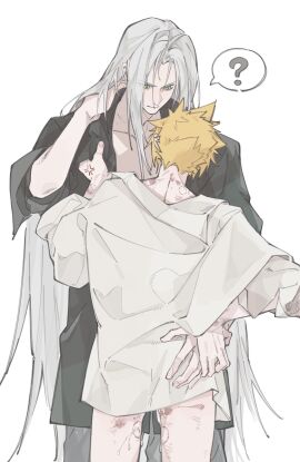 2boys ? absurdly_long_hair after_sex arm_up bite_mark bite_mark_on_neck bite_mark_on_thigh black_pants black_shirt blonde_hair bottomless bruise bruise_on_arm bruise_on_leg bruise_on_neck closed_mouth cloud_strife collared_shirt commentary cum cum_on_body cum_on_legs final_fantasy final_fantasy_vii green_eyes hand_on_another's_hip hand_on_own_neck highres injury long_hair looking_at_another male male_focus mgt_85363 multiple_boys multiple_males open_clothes open_shirt pants sephiroth shirt simple_background slit_pupils smile speech_bubble spiked_hair spoken_question_mark symbol-only_commentary very_long_hair white_background white_hair white_shirt yaoi