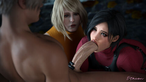 1boy 2girls 3d ada_wong ashley_graham asian asian_female big_penis black_hair blonde_hair capcom clothed clothed_female_nude_male erection eyeless_male fellatio female leon_scott_kennedy male nude nude_male oral oral_sex otacon212 penis resident_evil resident_evil_4 watching