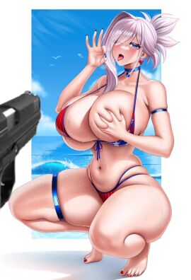 1girls american_flag_bikini beach big_breasts bikini blowjob_face cum dead death gun gunpoint huge_ass implied_death luunamito miyamoto_musashi_(fate) offscreen_masturbation sound tagme video