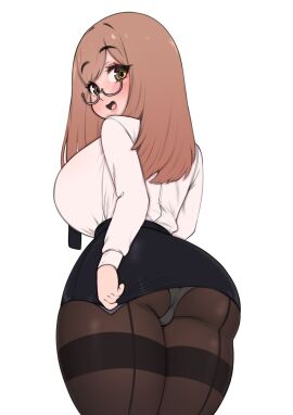 1girls ass big_ass big_breasts blonde_hair blush breasts button_down_shirt emma_(nikke) emma_(office_therapy)_(nikke) female female_only fully_clothed glasses goddess_of_victory:_nikke looking_at_viewer looking_back miniskirt office_clothing open_mouth panties_under_pantyhose panties_under_skirt pantyhose revealing_clothes short_skirt shortstack skirt small_waist thick_thighs tight_clothing under_skirt whomperfruit