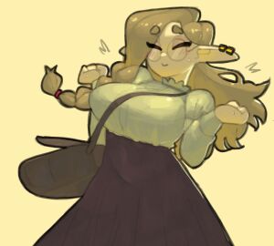 belly big_breasts blonde_female blonde_hair blush blush_lines braid breasts closed_eyes cute cute_expression cute_face dress earring earrings female glasses mikaela_(rayschera) pointy_ears rayschera satchel stage