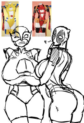 2girls adapted_costume ass big_breasts breasts deadpool deadpool_&_wolverine_(2024) female genderswap genderswap_(mtf) heart huge_breasts ieung200 lady_deadpool ladypool marvel marvel_cinematic_universe marvel_comics monochrome reference_image rule_63 thick_thighs thigh_boots wanda_wilson wolverine_(x-men) x-men yuri