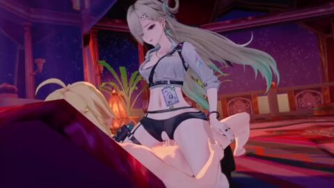 1boy 1girls aether_(genshin_impact) black_screen_roulette genshin_impact kissing long_hair lynae_(wuthering_waves) tagme video white_hair woman_on_top wuthering_waves