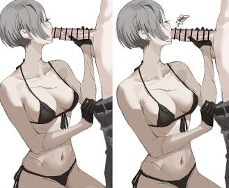 1boy bar_censor bikini black_bikini black_gloves breasts censored closed_eyes commentary_request erection fellatio female gloves grey_hair grey_pants hair_over_one_eye half-closed_eyes heart male medium_breasts multiple_views oh_(aung_ae) oral original pants penis scar short_hair side-tie_bikini_bottom simple_background solo_focus spoken_heart stitches straight swimsuit white_background