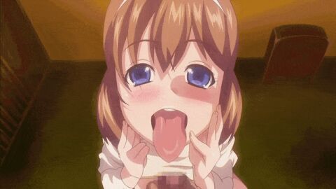 1boy 1girls animated brown_hair cheating_girlfriend cum cum_on_face cum_on_mouth cum_on_tongue ejaculation female happy_face happy_female hinomoto_koharu kedamono-tachi_no_sumu_ie_de male murakami_teruaki netorare