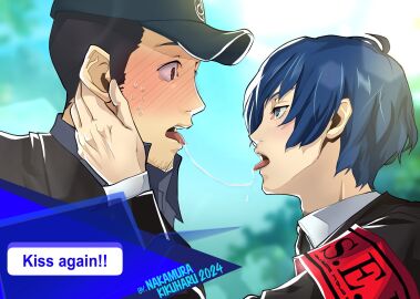 2boys armband armwear beard black_hair blue_eyes blue_hair blush brown_eyes cap clothing gay human junpei_iori kissing makoto_yuki male nakamura_kikuharu no_sex pale_skin persona persona_3 persona_3_reload saliva saliva_drip saliva_trail tongue tongue_out yaoi
