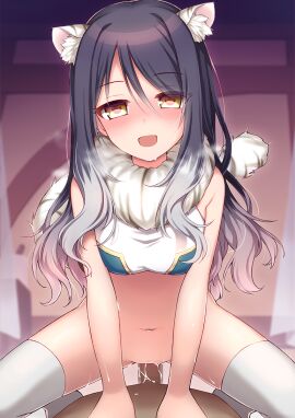 1boy :d animal_ear_fluff animal_ears arm_support bare_arms bare_shoulders black_hair blurry blurry_background blush bottomless breasts breath censored clothed_sex colored_tips cowgirl_position crop_top erection female fur_collar grey_hair hair_between_eyes half-closed_eyes highres kaiba_tomoyuki leaning_forward long_hair looking_at_viewer male medium_breasts mosaic_censoring multicolored_hair navel no_shoes nose_blush open_mouth penis pov pov_crotch princess_connect! pussy pussy_juice sex shiori_(princess_connect!) shirt sleeveless sleeveless_shirt smile solo_focus straddling straight straight-on sweat swept_bangs tail tail_raised thighhighs tiger_ears tiger_tail wavy_hair white_shirt white_thighhighs yellow_eyes