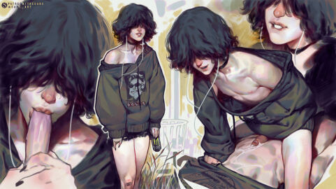 1boy bare_legs biting_own_lip black_hair black_nails choker cum cum_on_body denim denim_shorts drawstring earbuds earphones fellatio femboy femboy_focus feminine_male foreskin hair_over_eyes hood hoodie implied_penetration jeans lace lace_choker male male_focus male_only medium_hair monster_energy multiple_views nail_polish nipples off-shoulder_sweater off_shoulder oral original painterly pale_skin pants penis sabu_(sabudenego) sabudenego short_shorts shorts sitting sitting_on_person sweater torn_clothes torn_jeans torn_pants trap uncircumcised yaoi