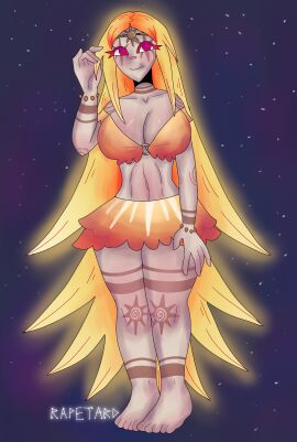 1girls big_breasts blonde-haired_female blonde_female blonde_hair body_paint breasts feet female female_focus female_only happy happy_female hips humanization humanized long_hair looking_away not_porn oc original original_character painted_body rapetard red_eyes s0d0my_s1n short_skirt skirt smile solo solo_female solo_focus sun thighs thin_waist top wide_hips yellow_hair