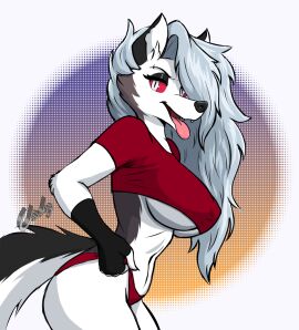 anthro biped breasts canid canine cc-by-nc-nd chisheq countershade_fur countershade_tail countershade_torso countershading creative_commons eyebrows female fur hair helluva_boss hi_res loona_(helluva_boss) mammal pupils red_sclera slit_pupils solo tail tongue tongue_out under_boob white_body white_fur