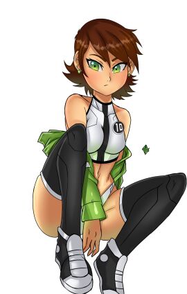 ben_10 ben_10_alien_force ben_tennyson brown_hair cartoon_network darkfang100 earrings female female_ben genderswap genderswap_(mtf) green_eyes green_jacket jacket_partially_removed jen_tennyson looking_away mature_female rule_63 sneakers stockings tights