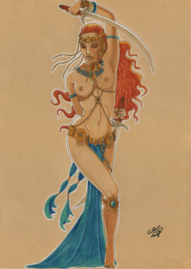 1girls 2d_artwork aemarielle athletic athletic_female belly_dance belly_dancer belly_dancer_outfit breasts closed_eyes dancer deviantart female fit fit_female harem_girl harem_outfit holding_weapon loincloth long_hair no_sex orange_hair original original_character small_breasts sword topless uncensored uncensored_breasts